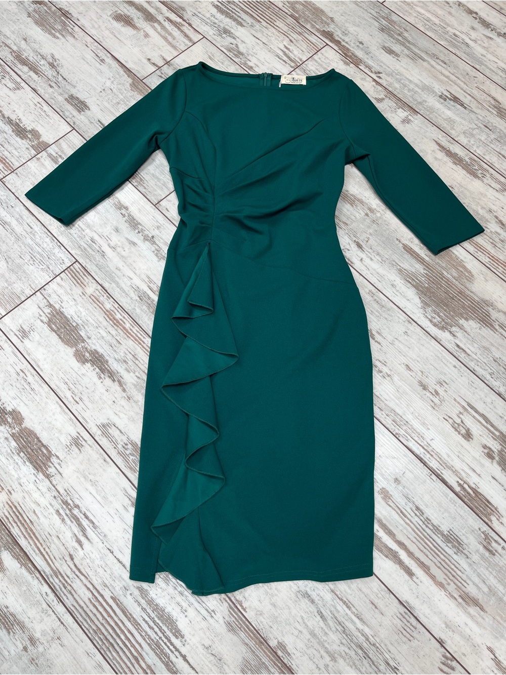 AISIZE Dark Green Ruched Sheath Dress Asymmetric Ruffle 3/4 Sleeve Small NWT - Picture 11 of 16